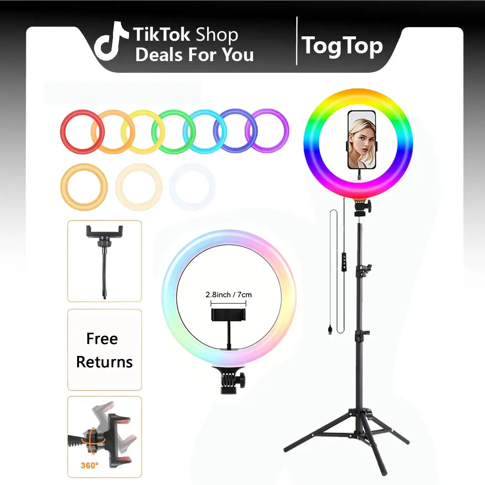 12" RGB Ring Light with Tripod Stand, Tripod for Phone with Light Adjustable 43.3" 110cm Height Floor & 360° Lighting, Video Light Tripod Stand Phone Mount for Photo iPhone Content Creation TikTok YouTube