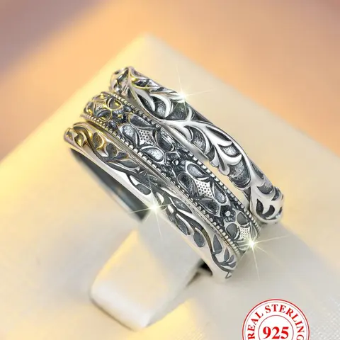 S925 Sterling Silver Vintage Pattern Blackened Ring Set, Unisex Casual Party Stackable Rings, Birthday Anniversary Gift with Box, Statement Rings, Ring Jewelry