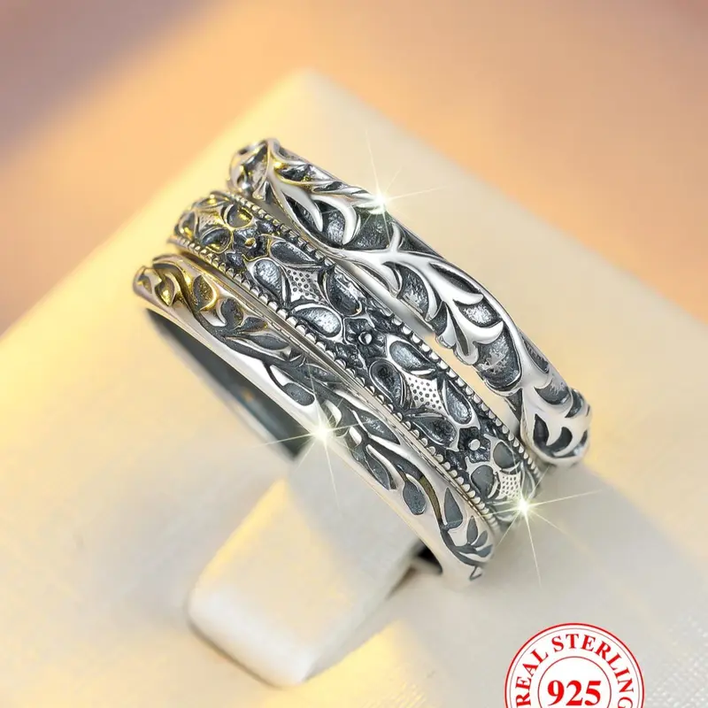 S925 Sterling Silver Vintage Pattern Blackened Ring Set, Unisex Casual Party Stackable Rings, Birthday Anniversary Gift with Box, Statement Rings, Ring Jewelry