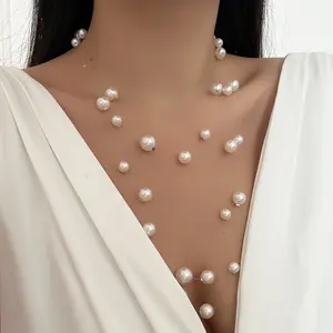 Floating Pearl Necklace for Women, Multi Layer Invisible Clear Illusion Strand Necklace, Graduated Faux Pearl Tiered Choker Bridal Wedding Prom Jewelry Gift men's