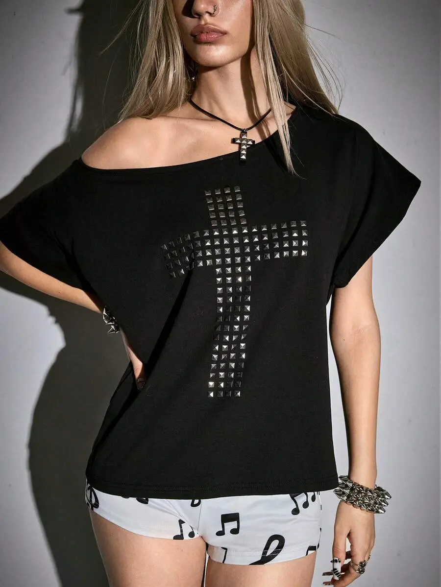 INAWLY Grunge Punk Spring/Summer Y2K Punk Cross Rivet Design Laser Cut Loose T-Shirt, Solid Color Versatile