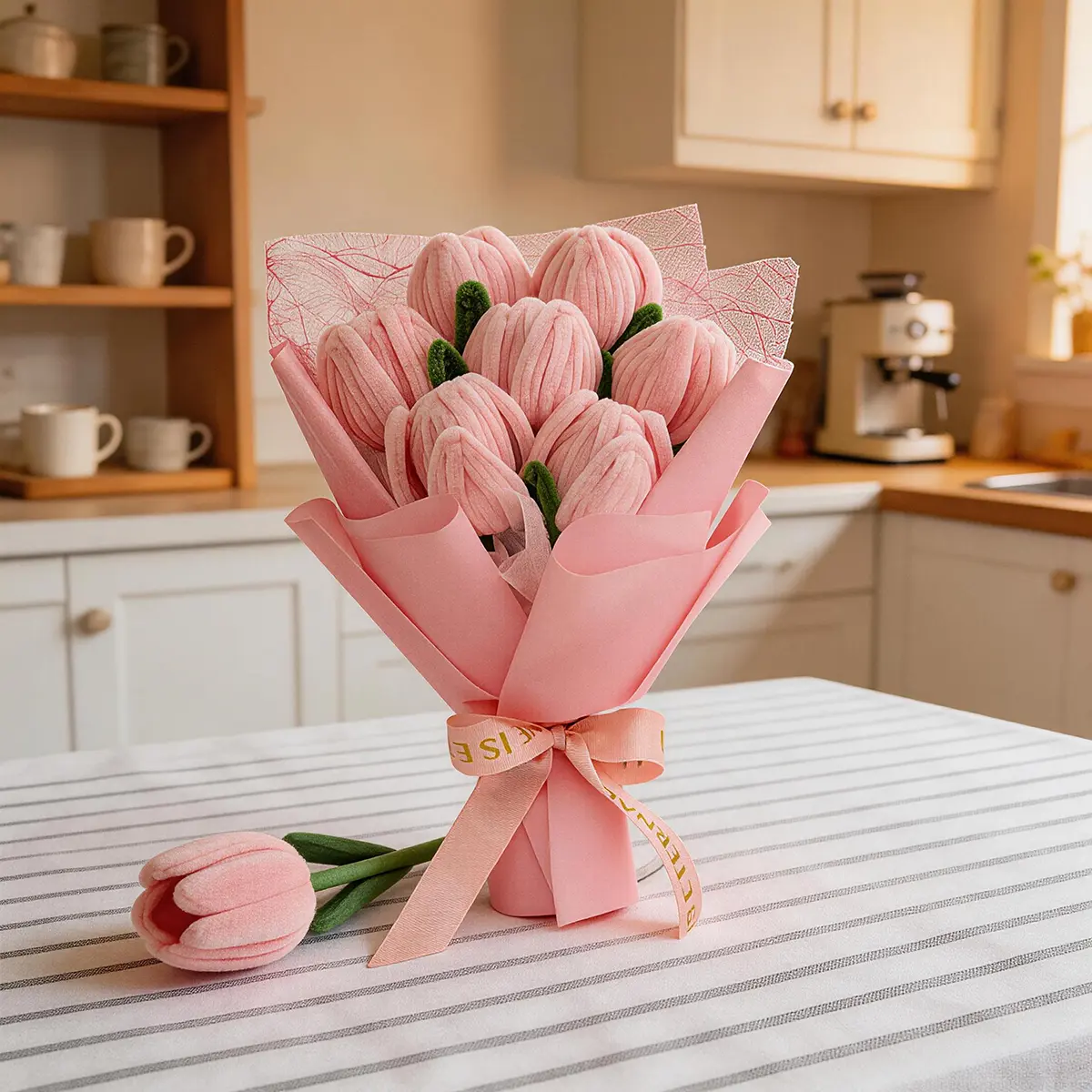 Lifelike Chenille Stem Tulips Bouquet - Elegant Long-Lasting Artificial Home Decor Flowers, Low-Maintenance Wedding Evening Gift, Auspicious Home Supplies Decor