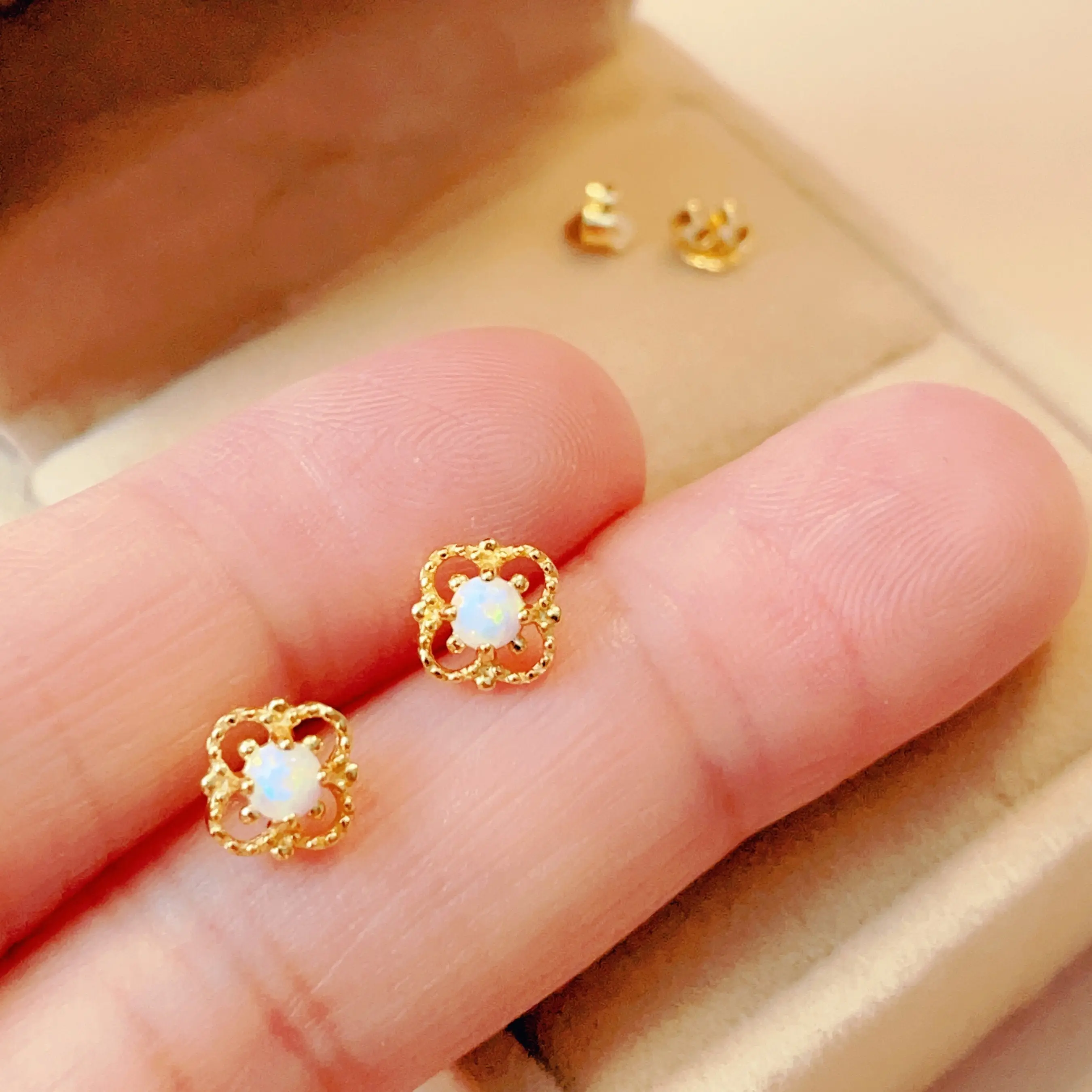 Vintage Jewelry, Vintage Earrings, Tiny Opal Stud Earrings, Opal Studs, Hollow Out Stud Earrings, Tiny Studs, Gold Studs, Gift For Her EM17