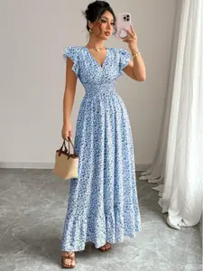 Women's Summer Casual Dress, Round Neck Leaf Sleeve Floral Print Waist Fitting Boho Bohemian Flowy Long Skirt, All Seasons, Moderate Thickness Woven Fabric