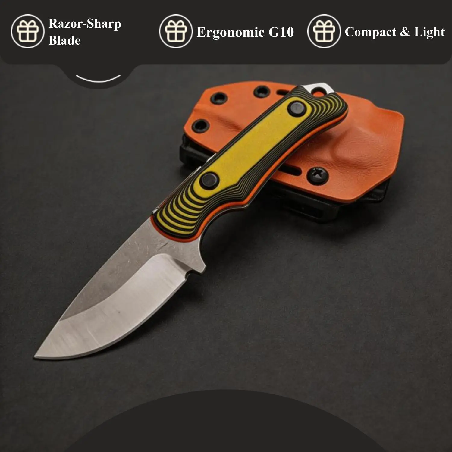 15017 Fixed Blade Outdoor Knife - 16cm High Hardness 8Cr13MoV Steel Blade, Wooden Grip Handle, Belt Sheath - Lightweight EDC Survival Equipment for Camping, Hiking