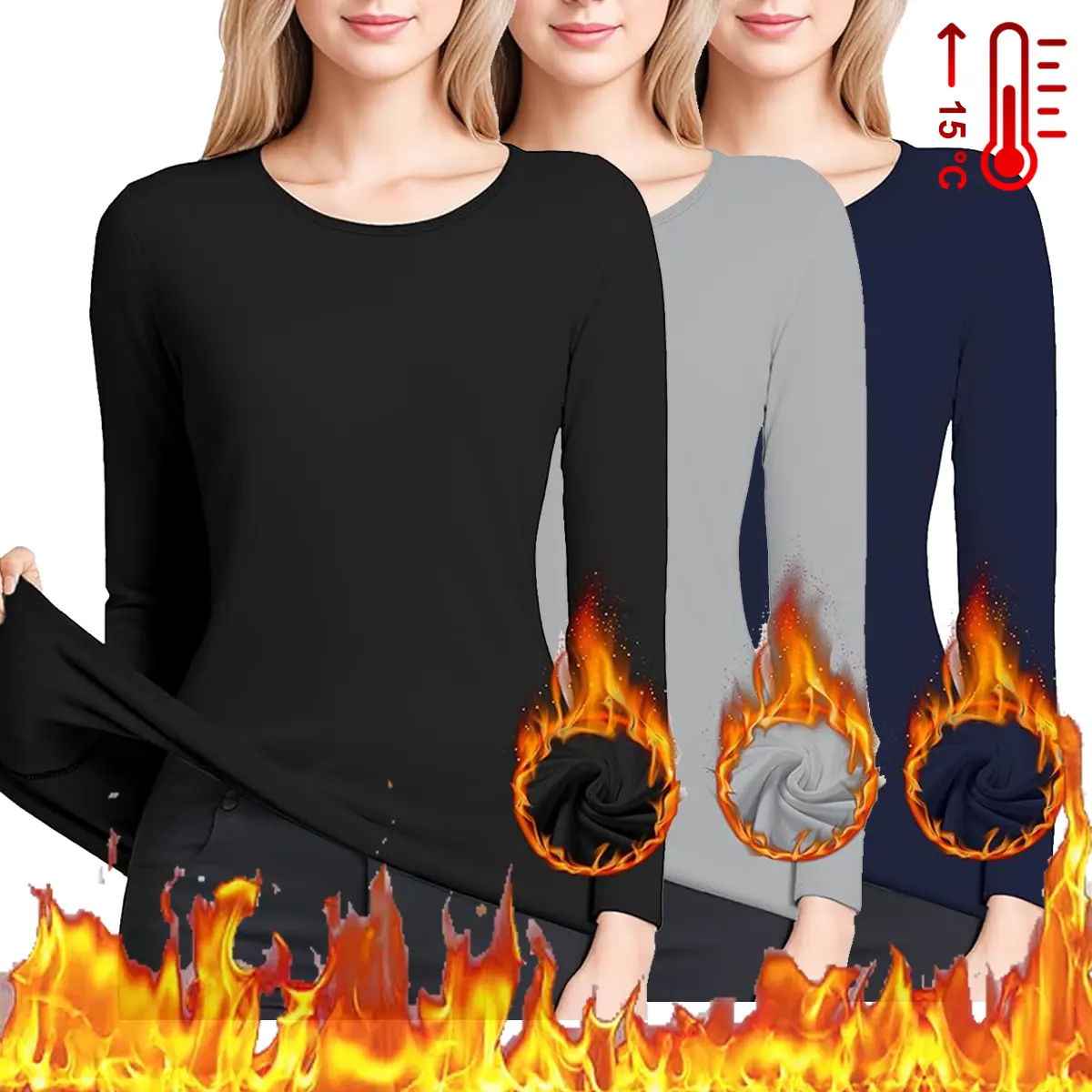 Women's 3-Pack Fleece-Lined Polyester Thermal Tops - Long Sleeve Basic Baselayer, Casual Outdoor Outerwear Winter Warmer, Shirts, Warmth, Scoop Neck, Lightweight, Plain, Soft Fleece Feels Gentle, Long Sleeves Wrap Arms, Easy Base Under Jackets, Comfortabl