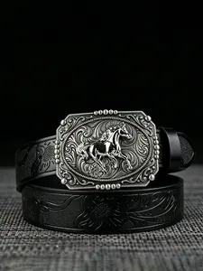 1Pcs unisex horse racing embossed alloy plate buckle, retro style PU Leather Belts, 1.46in/3.7cm wide black and brown embossed belt, personalized and fashionable, suitable for Halloween decoration belt, holiday gift, Design Belt, Belt with Buckle
