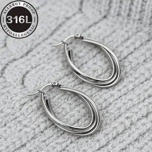 Hypoallergenic Stainless Steel Golden Earrings 316L Titanium Steel Multi-Layer Oval Earrings Flat Wire Three-Line Cross-Stitched Oval Shape Anti-Fading And Non-Fading Light Luxury And Elegant Gift for Bestie Girlfriend Exquisite Earrings