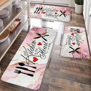 1/2 PCS Pink Marble, Heart-Shaped Knife And Fork Pattern Absorbent Kitchen Mat, High-End Printed Kitchen Soft And Comfortable Standing Mat Anti-Slip, Durable  Suitable For Bathroom Door, Kitchen, Dining Room, Coffee Shop Living Room, Bedroom