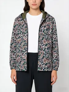 Women's Lightweight Camouflage Jacket with Adjustable Hooded Collar - Leopard Print Green/Brown, Machine Washable Fall Winter Outerwear, Casual Zipper Jacket for Daily Wear & Outdoor, Versatile for Jeans & Dresses, Outdoor Outerwear, Dress Layering