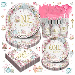 Wonderland 1st Birthday Party Supplies Pink Plate, Napkin, Cup, Disposable Cutlery, Princess Tea Theme Birthday Baby Shower Table Decorations | 24 Guests