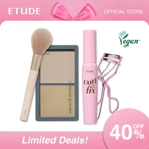 [ETUDE Official] Curl Fix Mascara & Curler Set #02 BROWN + Contour Powder #03(Illuminator) & Brush Set | 24H Smudge Proof | Waterproof | Volumizing & Lengthening