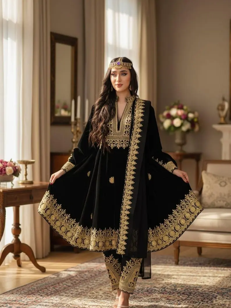 Afghan Traditional Dress for Women, Black Georgette Kuchi Embroidered Maxi Dress for Wedding & Eid Womenswear Party Formal Embroidery Elegant Elegance