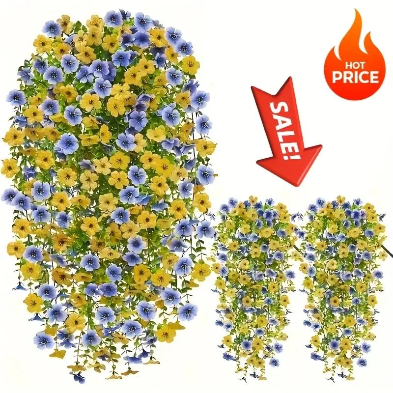 Artificial Pansy Garland, 4 Counts UV Resistant Faux Floral Flower Garland, Artificial Flower Arrangements, Plastic Flower Decoration, Artificial Flower Decorations for Outdoor Garden Porch Window Wall Home Decor