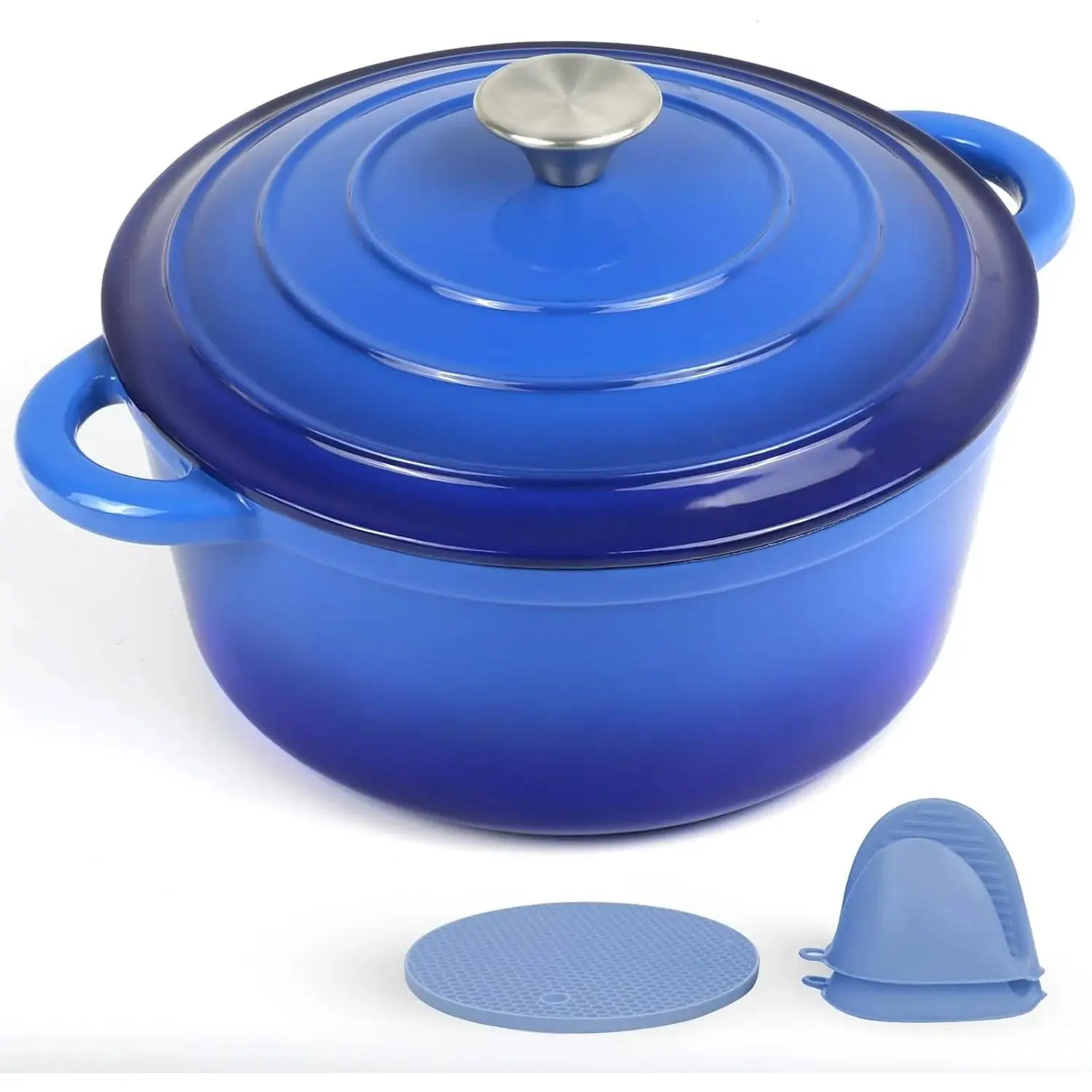 4.5 Quart Enameled Cast Iron Dutch  Pot with Lid and Silicone Accessories,  Safe up to 500°F or on Stovetop, Non-stick Dutch  for Bread Baking, Cooking, Dual Handles Cookware, Blue