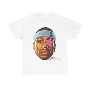 YD.S Print Cotton T-Shirt Allen Iverson Inspired Vintage Graphic T-shirt 90s Styled   Retro Top with Hip-Hop Vibes and Comfortable Fit Crewneck Shortsleeve