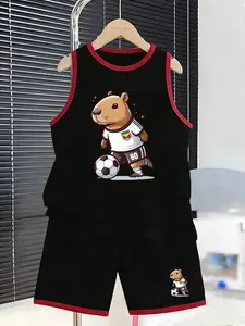 Summer Boys' Sports Set, Capybara Football Cartoon Pattern, Casual Loose-Fitting Tank Top & Short Pants, Comfortable Breathable