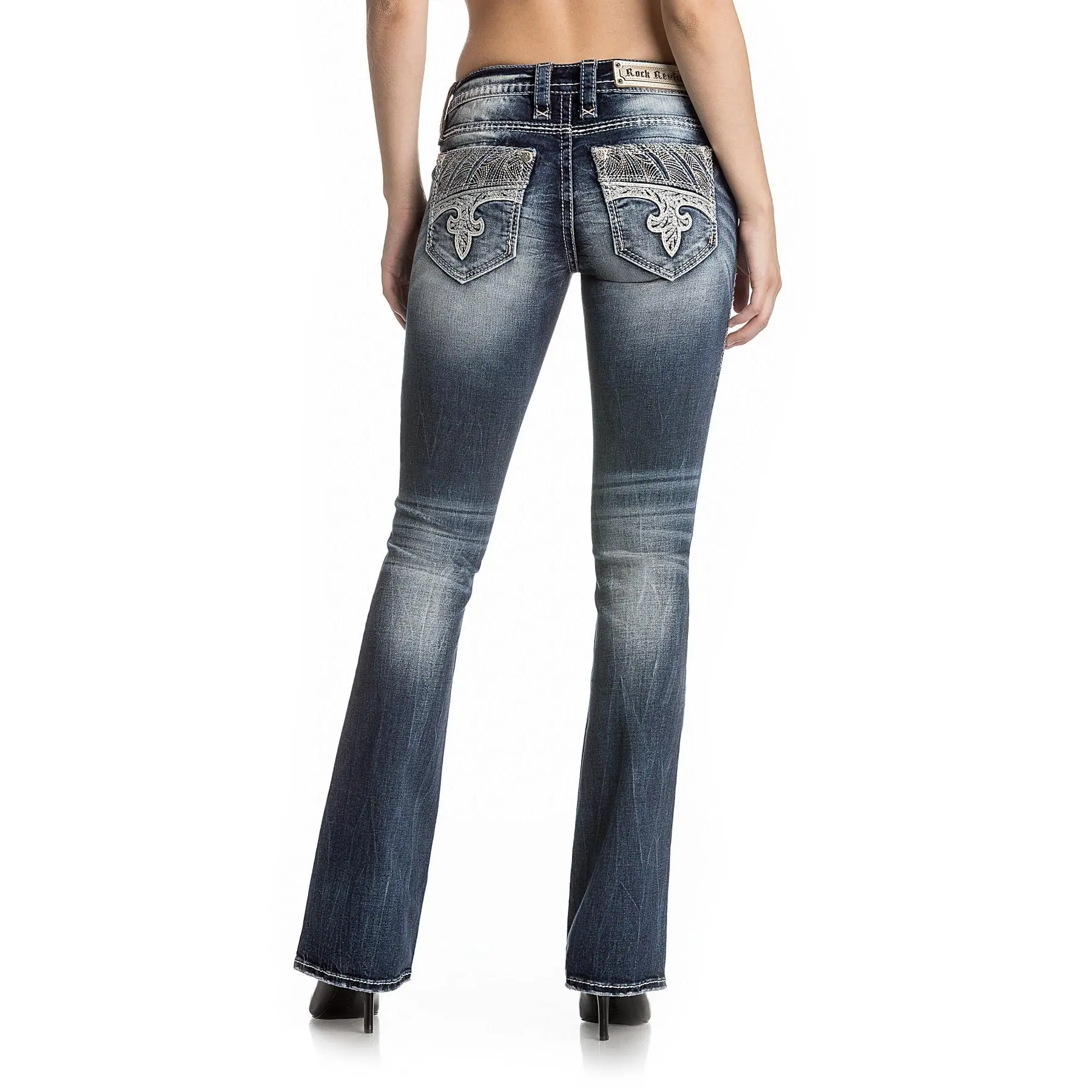 Rock Revival Women's Fenna Bootcut Jeans, Embellished Stretch Denim with Distressing and Fleur-de-Lis Embroidery, Vintage Dark Indigo Wash, Bottoms, Rock And Roll Jeans, Indigo Jeans