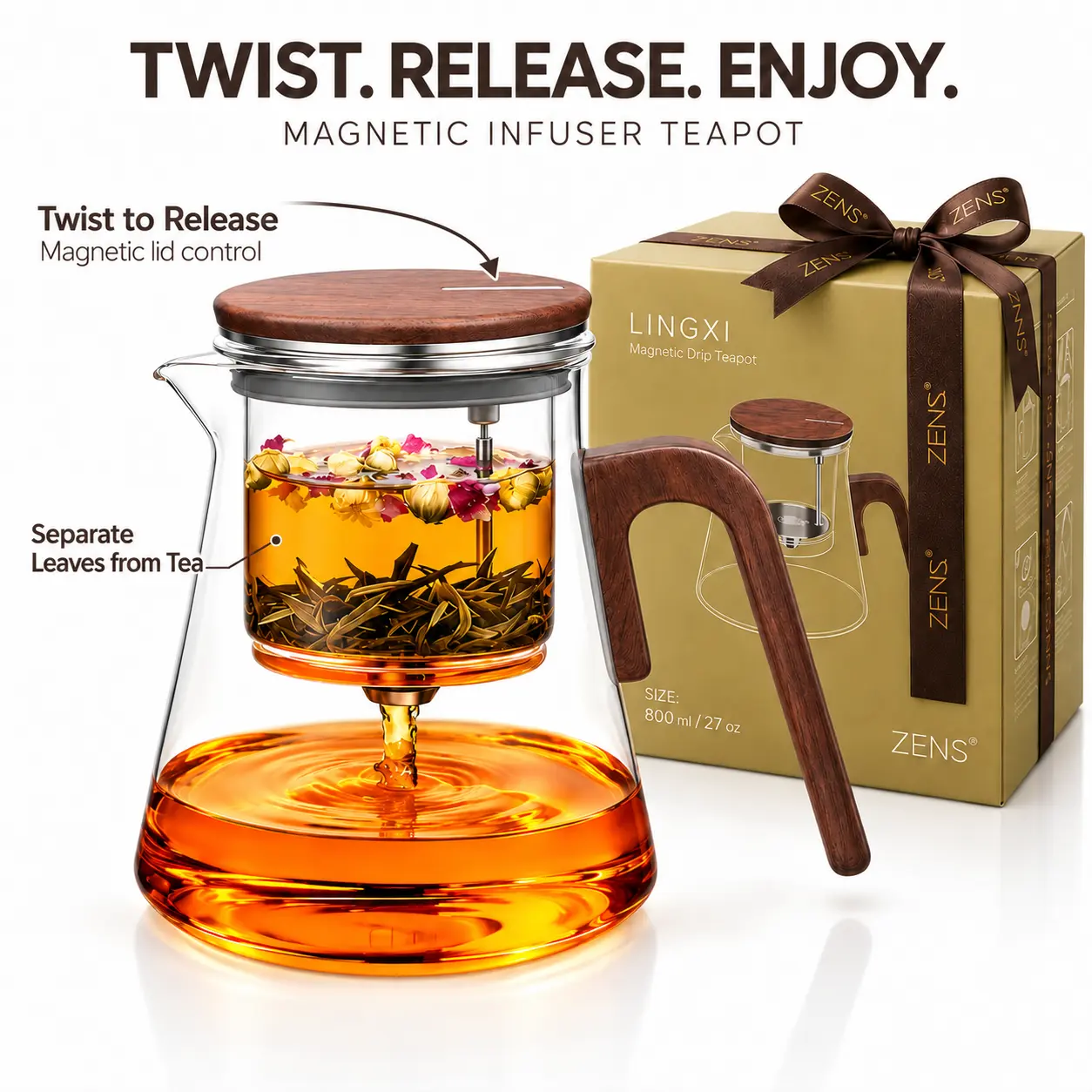 ZENS Magnetic Tea Pot, Enchanted Glass Teapot with Infuser and Magnetic Suction Lid for Mess-Free Loose Tea Diffusers, Walnut Wood Handle, Tea Lovers Gifts-27oz