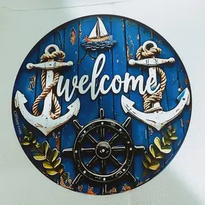 Aluminum Nautical Welcome Sign Wall Art Vintage Oceanic Decor With Anchor Ship Wheel And Sailboat Round Metal Poster For Beach House Bar Outdoor Space Retro Seaside Greeting Sign Perfect For Home Hotel Commercial Spaces Gift Wall Decor Plaque