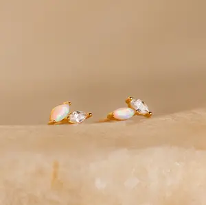 Opal & Diamond Marquise Studs by Caitlyn Minimalist - Tiny Floral Diamond Stud Earrings - Dainty Bridal Jewelry - Bridesmaid Gifts
