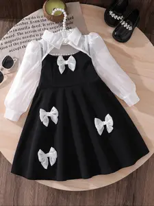 Elegant Bow Collar Long Sleeve Dress, Button Design, Bowknot, Sweet, Casual Style, Perfect for Daily Wear, Vacation, Party