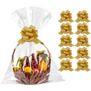10CT Cellophane Wrap Bags 26 x 36-inch  Basket Wrapping Clear Large Plastic Bags with Bows for Easter Weddings