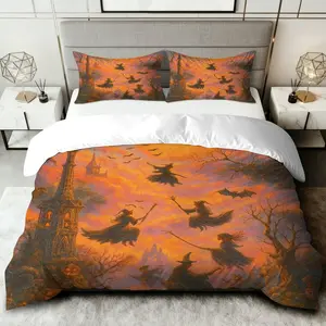 3PCS Duvet Cover Set, 1 Duvet+2 Pillowcases (Without filler), Witch Gothic Castle Bat Forest Twilight theme, Halloween bedding set, Spooky Decorative Art Suitable for decoration Bedroom Living Room Guest Room Hotel.