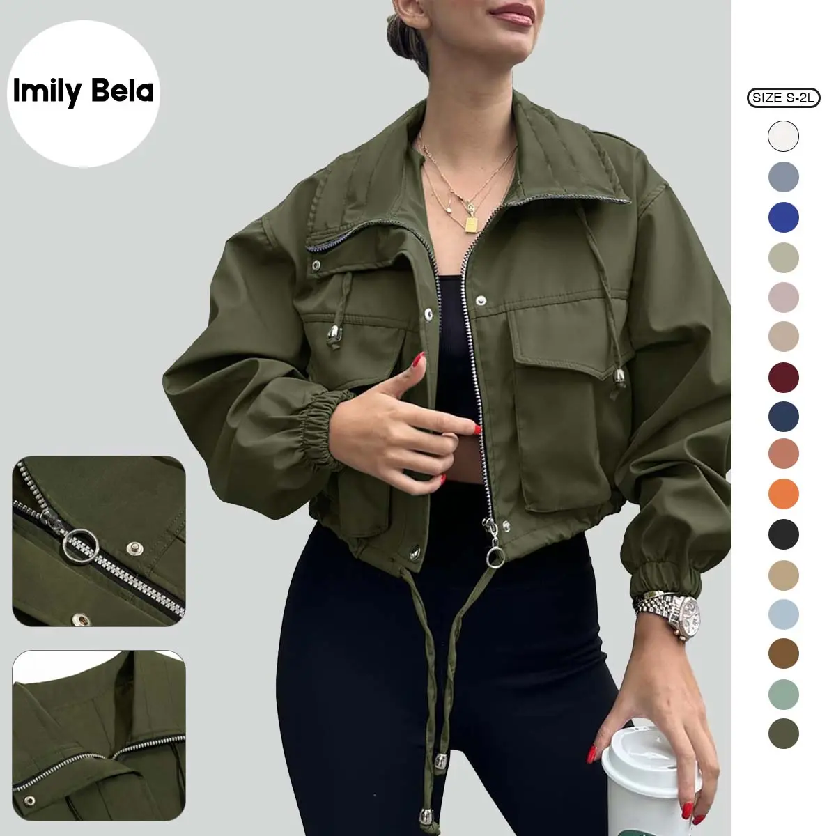 Imily Bela Womens Cropped Jacket Zip Up Lightweight Oversized Utility Anorak Coat with Pockets Imily Bela Womens Cropped Jacket Zip Up Lightweight Oversized Utility Anorak Coat with Pockets