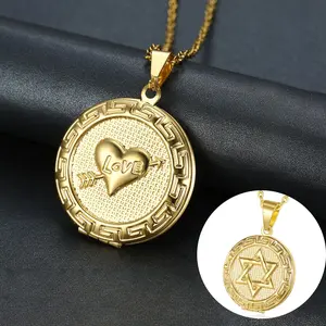 Retro Creative Love God Arrow Hexagonal Star Pattern Circular Pendant Necklace, Suitable for Placing Photos As A Commemorative Stainless Steel Necklace, Christmas Gift Accessory
