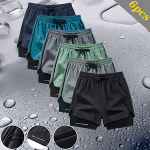 Men's 6-Pack Double-Layer Design Sports Shorts, featuring a loose outer layer paired with a snug lining, breathable and quick-dry for running, workouts, and everyday casual wear