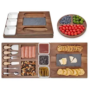 【GARVEE】Acacia Charcuterie Boards and Knife Set, (27.6" x 11") Magnetic Extra Large Cheese Board Set with 3 Bowls & Marble Cutting Slate & Fruit Tray, Cheese Platter, House Warming Gifts