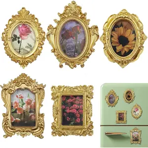 Mini Gold Magnetic Picture Frames for Refrigerator, 5 Small Vintage Photo Frames with Soft Magnet Backing, Victorian Style Decor for Kitchen Office Home