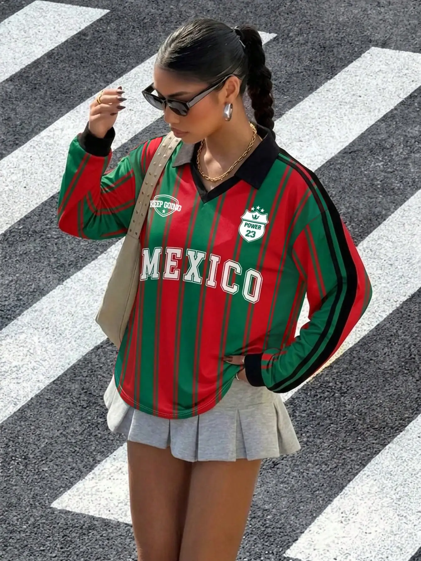 Women's Knitted Polo Shirt in a Retro Green & Red Color Block Stripe, Long Sleeve Streetwear Top with a Contrast Brown Collar, Collared, Fashion Apparel, Clothes, Lady, Casual, Going Out Chic Tops