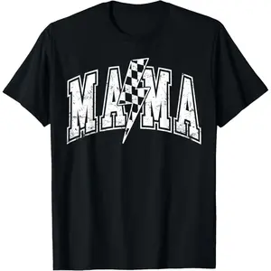 [100% Cotton] Mama Lightning Bolt Checkered Varsity Mom Women Mother's Day T-Shirt Casual Tshirt