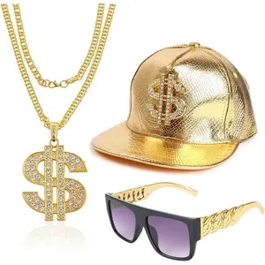 Hip Hop Costume Kit Gold Rapper Hat Sunglasses Gold Dollar Sign Pendant Necklaces 80s/90s Rapper Jewelry Accessories