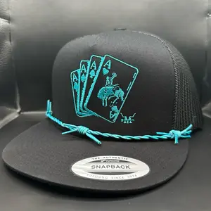 Turquoise Gambler Hat with Card Design, Adjustable Bracelet, and Snapback Closure