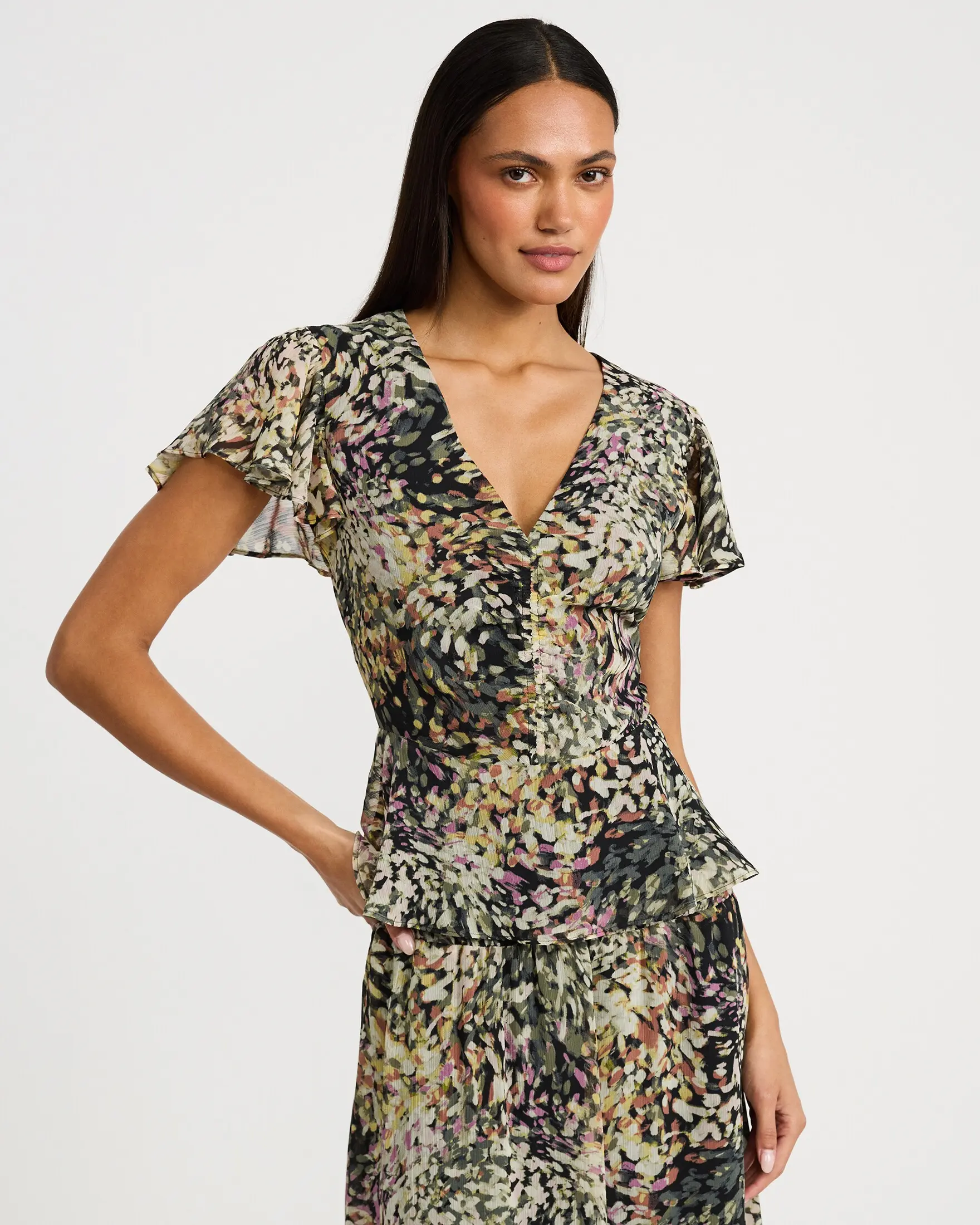 Express Floral Chiffon V-Neck Flutter Sleeve Peplum Top