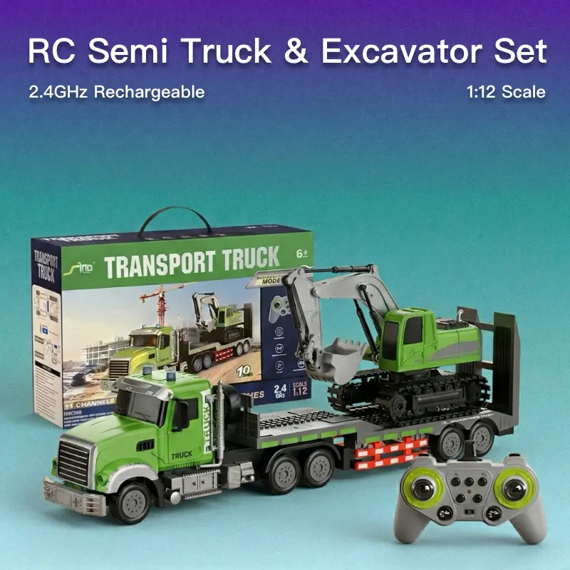 1:12 RC Semi Truck & Excavator Toy Set - Removable Rechargeable 2.4GHz Remote Control Flatbed Trailer Truck with Lights & Sound, Kids’ Construction Vehicle Gift for Parent-Child Interaction