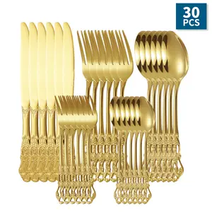 Vintage Royal Golden Cutlery Set, 30-Piece Including Knife, Fork, Spoon, Coffee Spoon, and Fruit Fork, Suitable For Family Gatherings Birthday Parties Kitchen Supplies Utensils Dinnerware