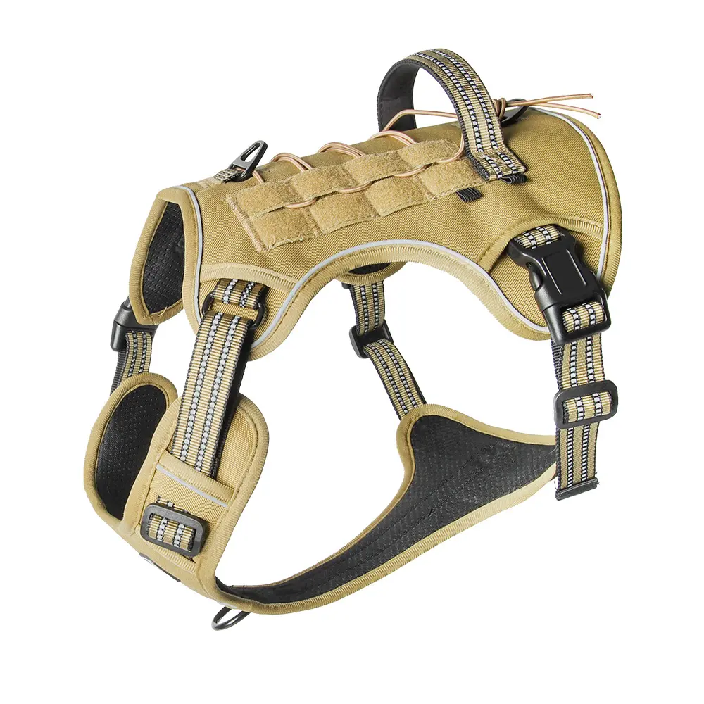 Tactical Dog Vest Harness with MOLLE Webbing Dual Clips for Outdoor Training Comfortable Fit Adjustable Reflective Service molle System Includes Leash & Pouch in Beige