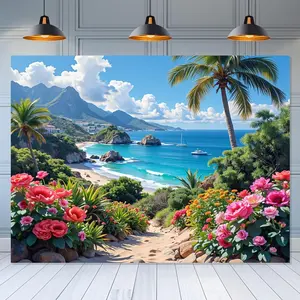 1PC Polyester Reusable 2D Flat Tropical Seaside Flower Door Banner - Beach Palm Tree Sea View Design, Home Festival Decor, Party Decoration Supplies, Birthday Event Backdrop