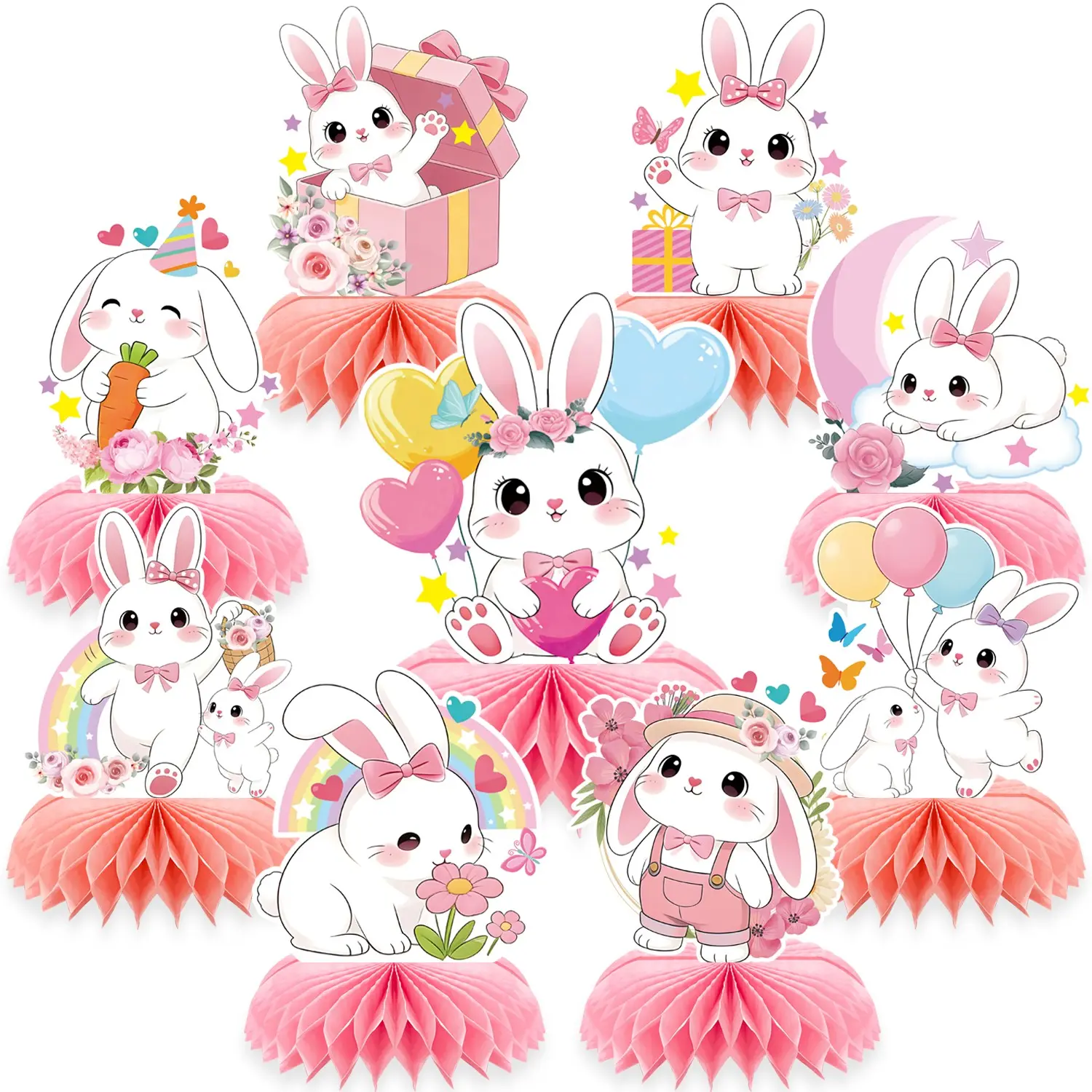 9 Pcs Bunny Party Honeycomb Centerpiece Decorations Cute Rabbit Table Decorations for Easter, Wedding Centerpieces, 3D DIY Bunny Honeycomb Centerpiece for Birthday Party Table Decorations Baby Shower Supplies Decorative Centerpiece