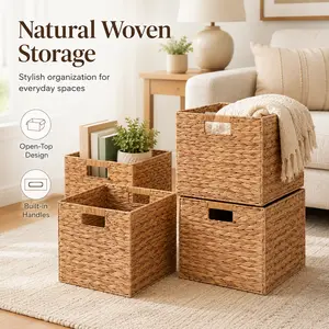 Natural Water Hyacinth Decorative Storage Baskets - Handwoven Cube Organizer Bins with Cutout Handles, Open-Top for Shelves, Closet, Living Room