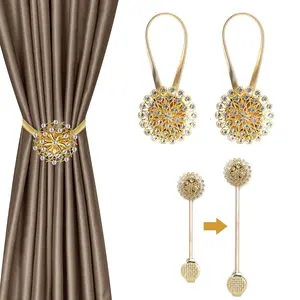 2 Pack Magnetic Tieback, Crystal Decor Curtain Tiebacks, Crystal Flower Curtain Tiebacks with High Stretchy Wire Rope, Flower Curtain Buckle for Home, Office, Decoration (Yellow & White)