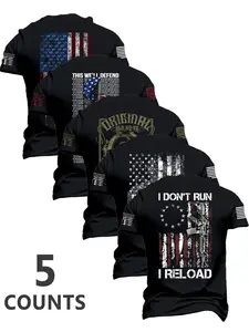 Men's 5-Pack Patriotic American Short Sleeve T-Shirts - Flag & Rifle Print USA Flag Sleeve Tees, Soft Cotton Blend Crew Neck, Perfect 4th of July & Veterans Day Wear