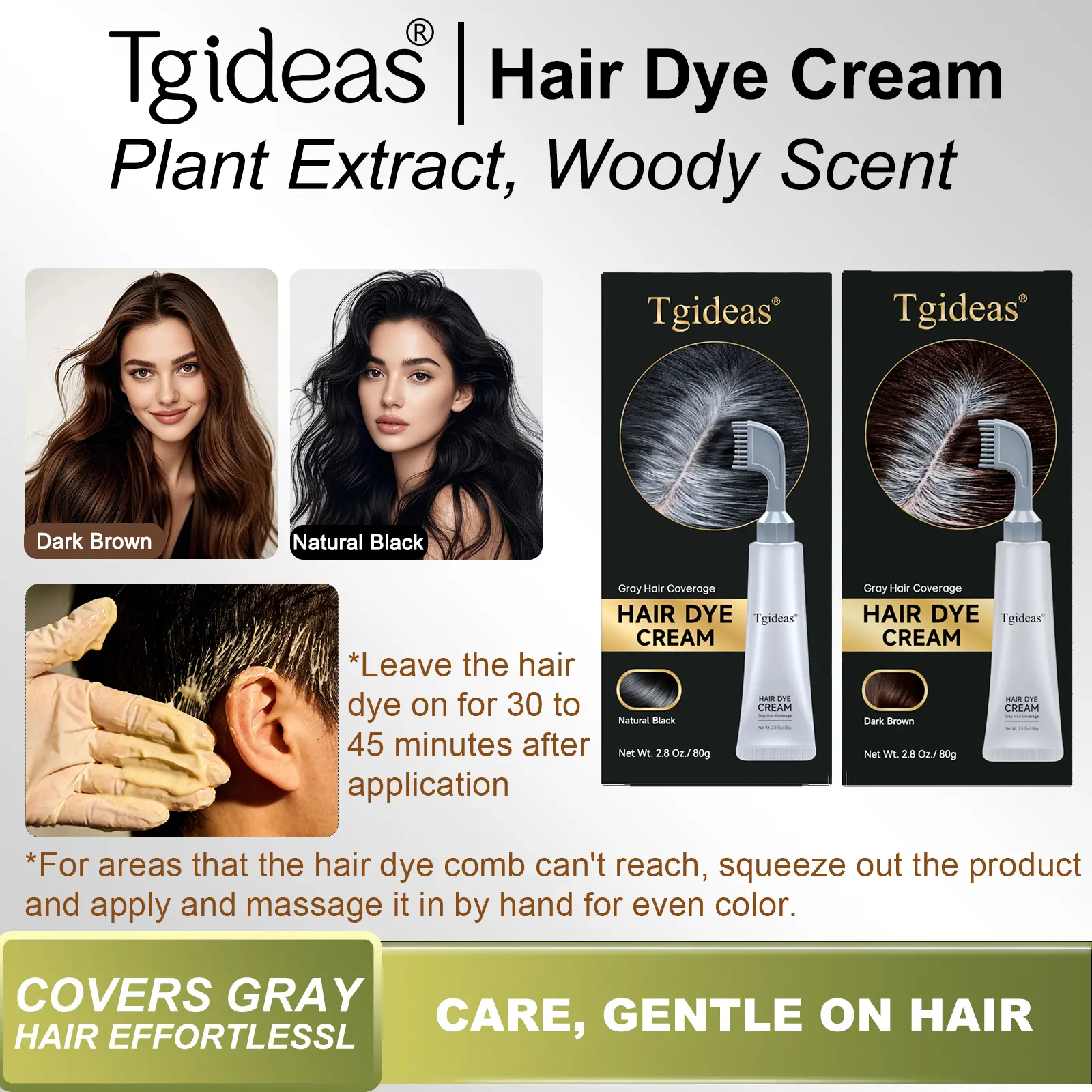 Tgideas Hair Dye Comb / Hair Dye Cream — Portable Home Use, triple treatment, contains hyaluronic acid, 100% coverage of gray hair, available in black and brown, 1 box (includes hair dyeing tools). #SummerWins #DealsForYouDays