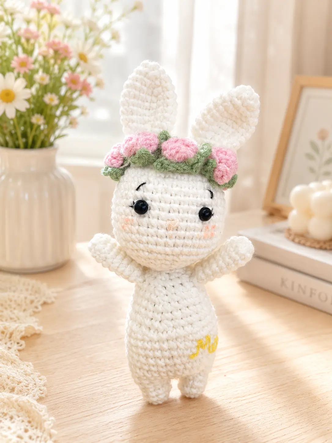 Handmade Floral Bunny Crochet Doll – Cute White Amigurumi Rabbit with Pink Flower Crown, Soft Yarn Plush Toy for Room Decor, Birthday Gift, Easter Gift & Bunny Lovers