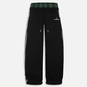 Trendy Fashion Double-Waist Checkered Patchwork Joggers Loose-Fit Wide-Leg Joggers for Women Relaxed-Fit Long Pants with Pockets