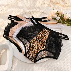Women's High-Waist Leopard Print Lace Ice Silk Wrapped-Hip Briefs, Large Size, Breathable Polyester-Spandex Blend with Pure Cotton Crotch